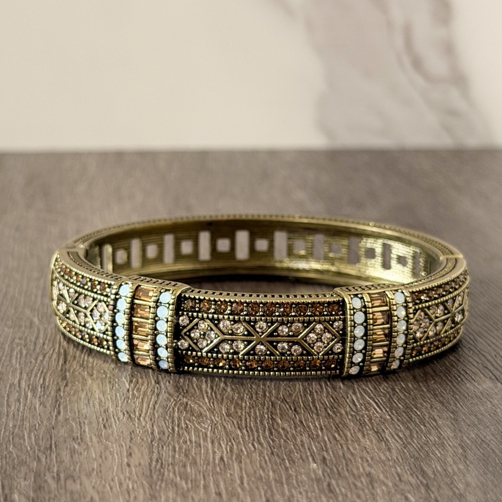 Heidi Daus Art Deco Crystal Hinged Bangle Champagne Opalite Gold Tone